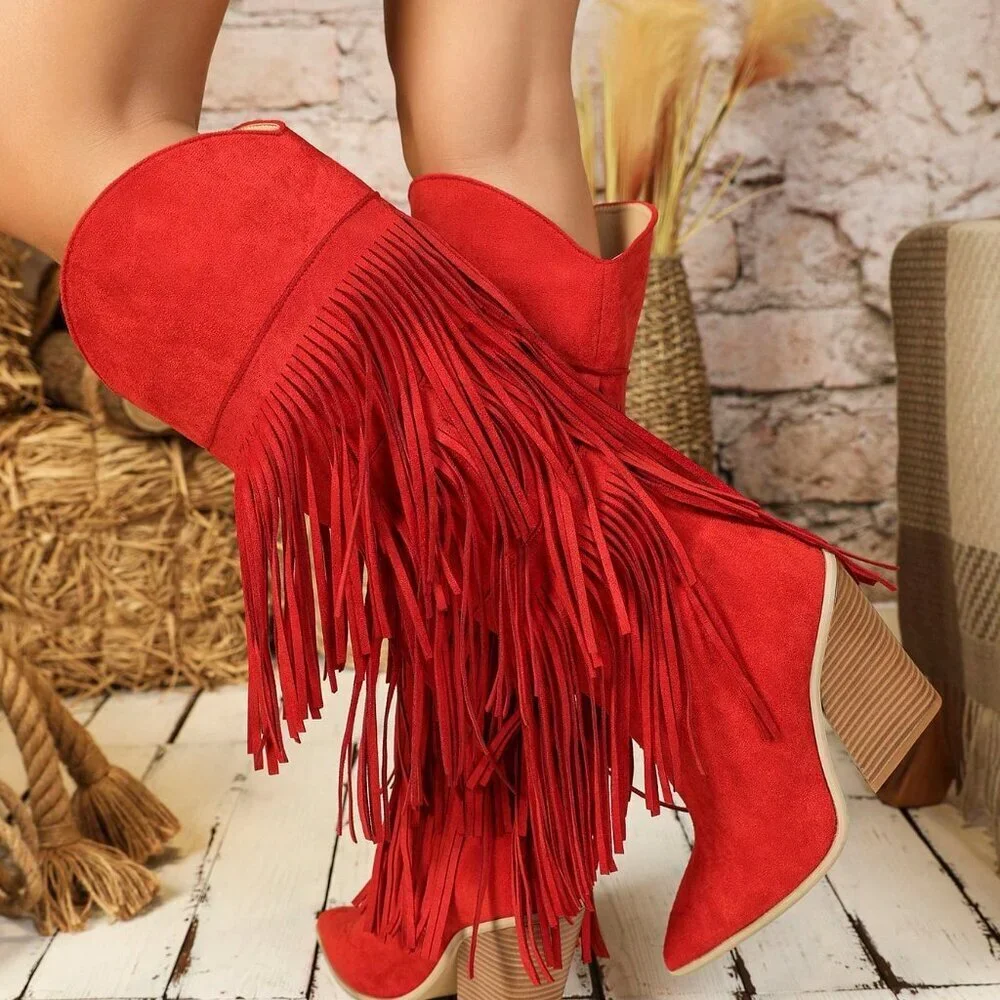 Red Western Women's Sexy Knee-High Geometric Faux Suede Chunky Heel Boots - Picture 3 of 7